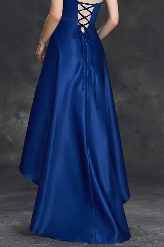 Elegant A-Line Strapless Beaded Ruffle High-Low Satin Royal Blue Prom Dress