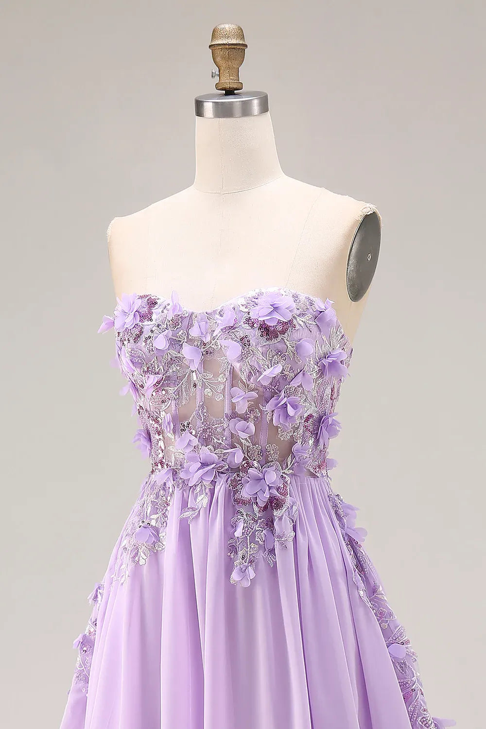 Elegant A-Line Strapless Corset 3D Floral Lace-Up Lavender Long Prom Dress