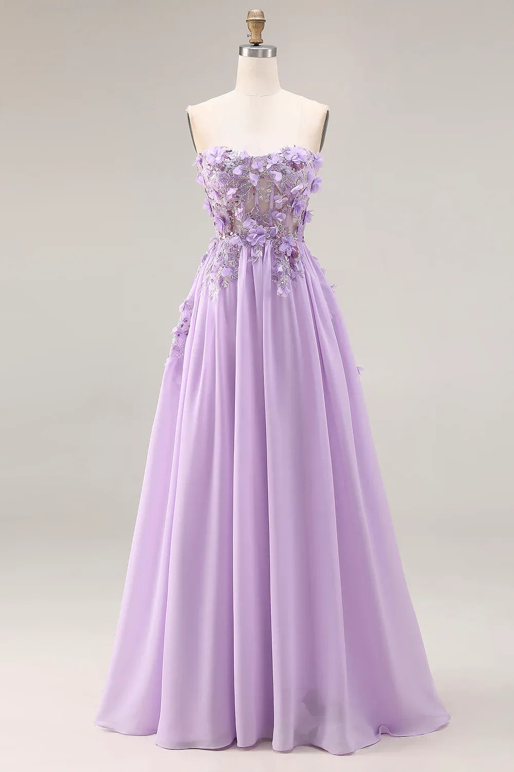 Elegant A-Line Strapless Corset 3D Floral Lace-Up Lavender Long Prom Dress