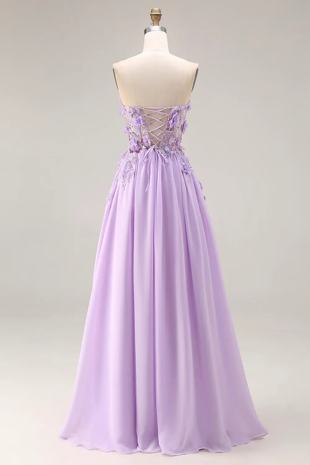 Elegant A-Line Strapless Corset 3D Floral Lace-Up Lavender Long Prom Dress
