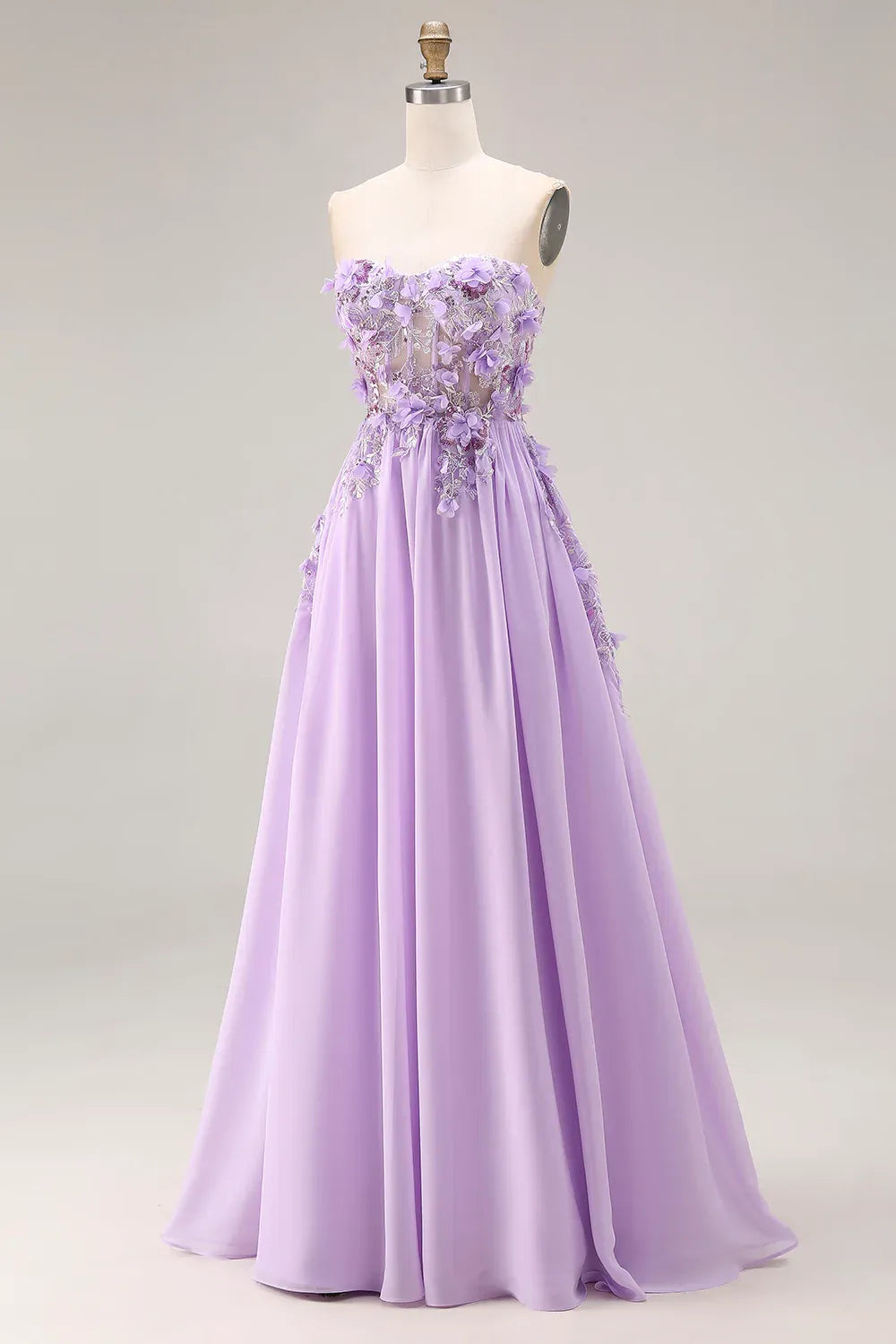 Elegant A-Line Strapless Corset 3D Floral Lace-Up Lavender Long Prom Dress