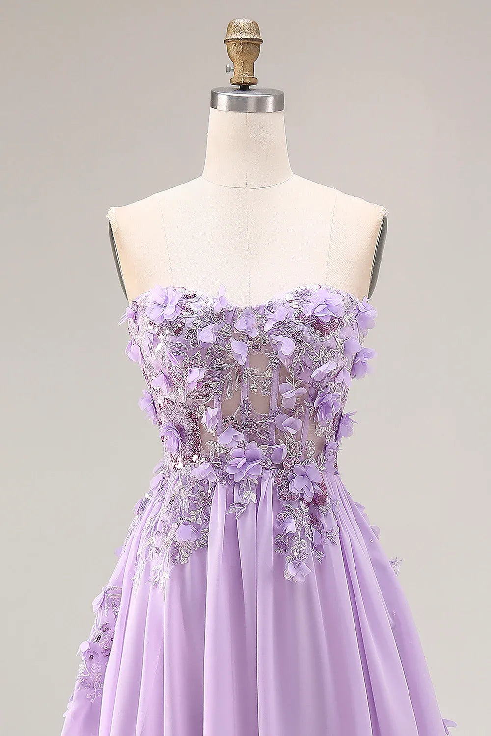 Elegant A-Line Strapless Corset 3D Floral Lace-Up Lavender Long Prom Dress