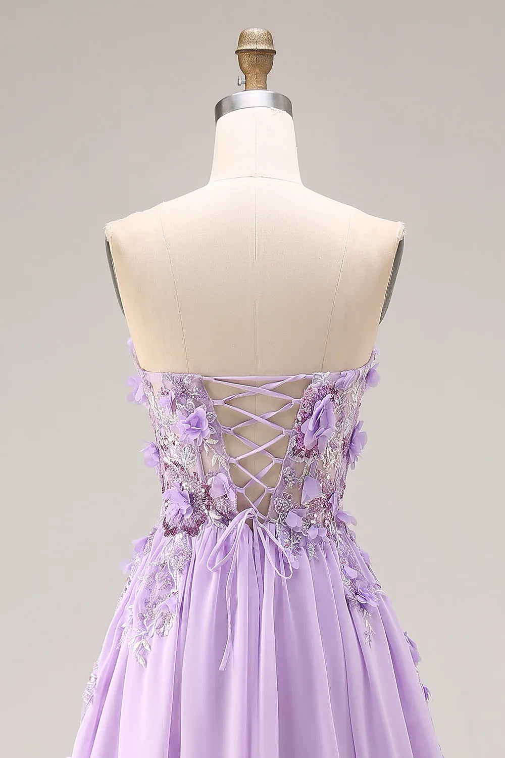 Elegant A-Line Strapless Corset 3D Floral Lace-Up Lavender Long Prom Dress