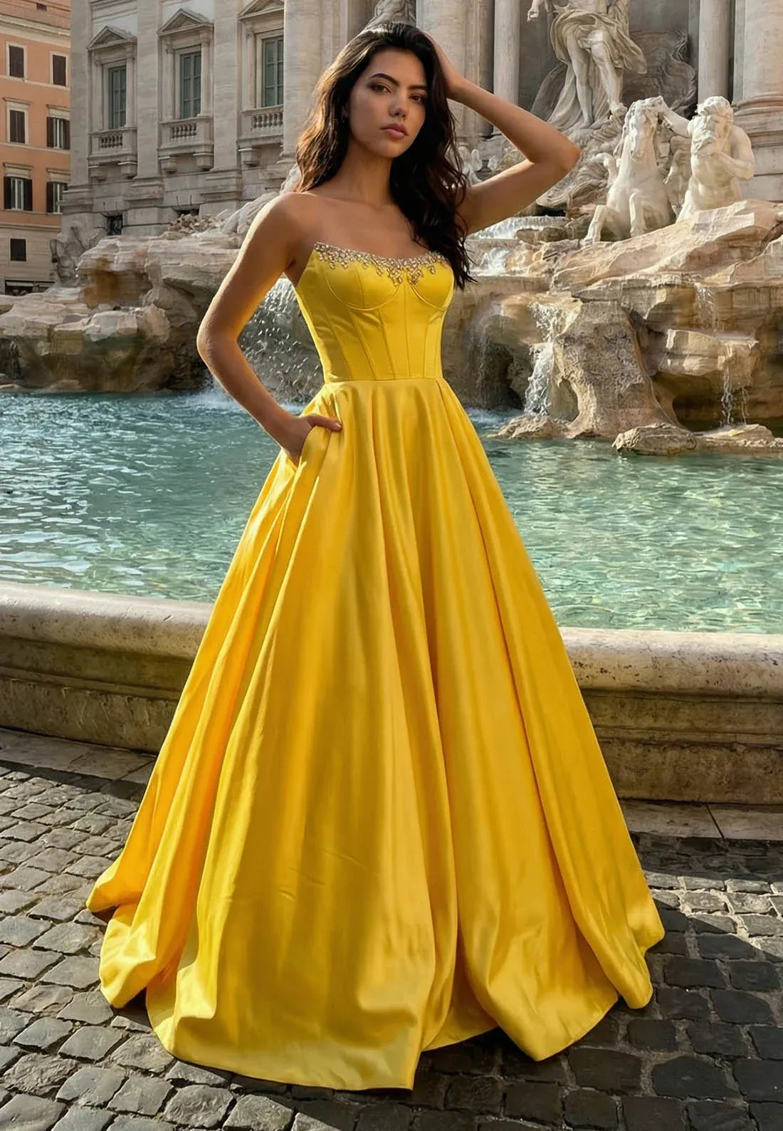 Elegant A-Line Strapless Corset Beaded Yellow Floor-Length Prom Dress With Pocket