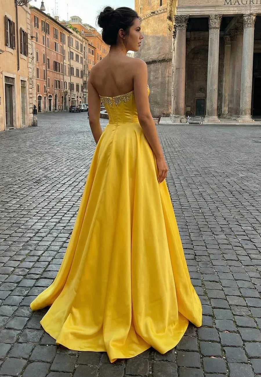 Elegant A-Line Strapless Corset Beaded Yellow Floor-Length Prom Dress With Pocket