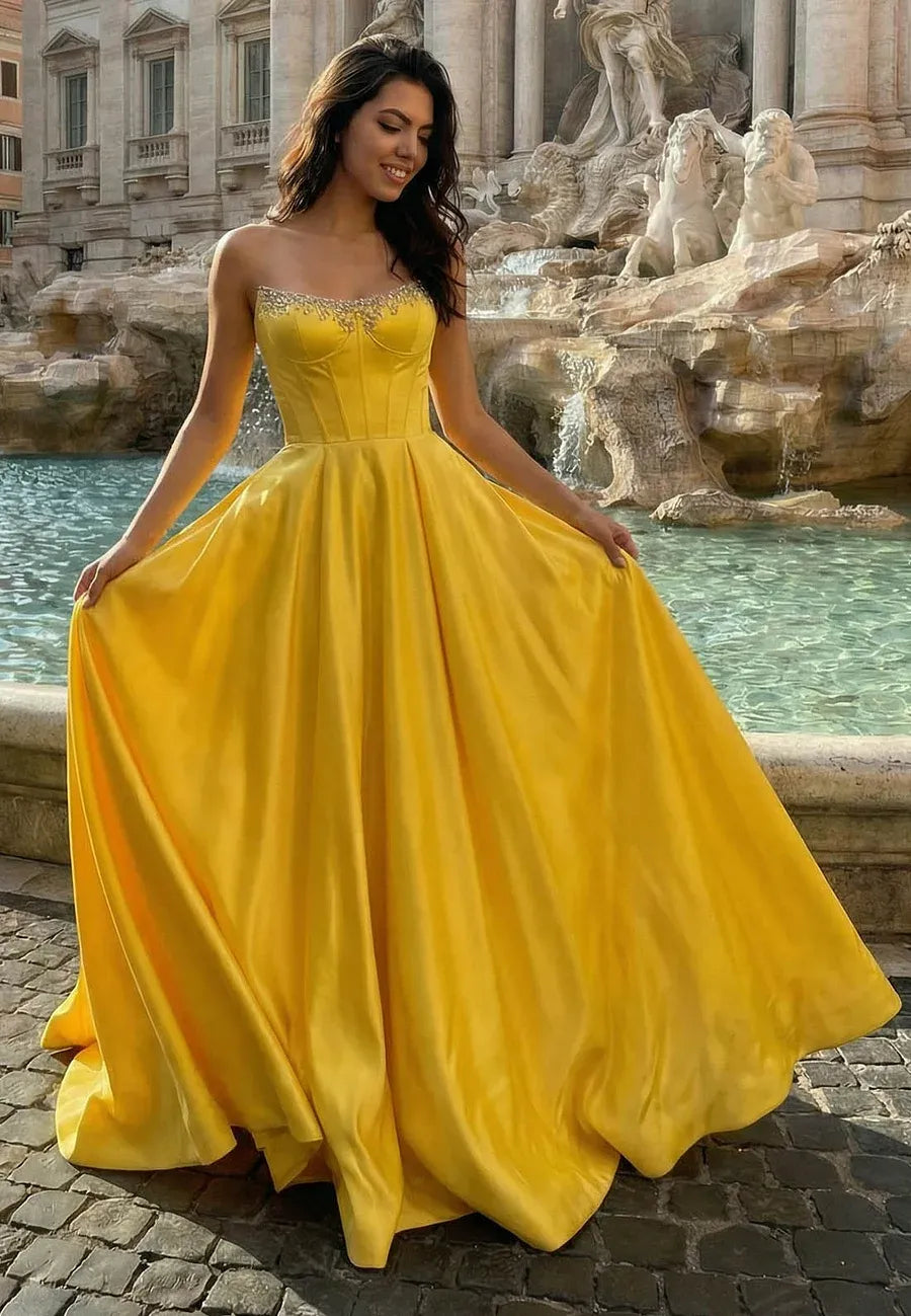 Elegant A-Line Strapless Corset Beaded Yellow Floor-Length Prom Dress With Pocket