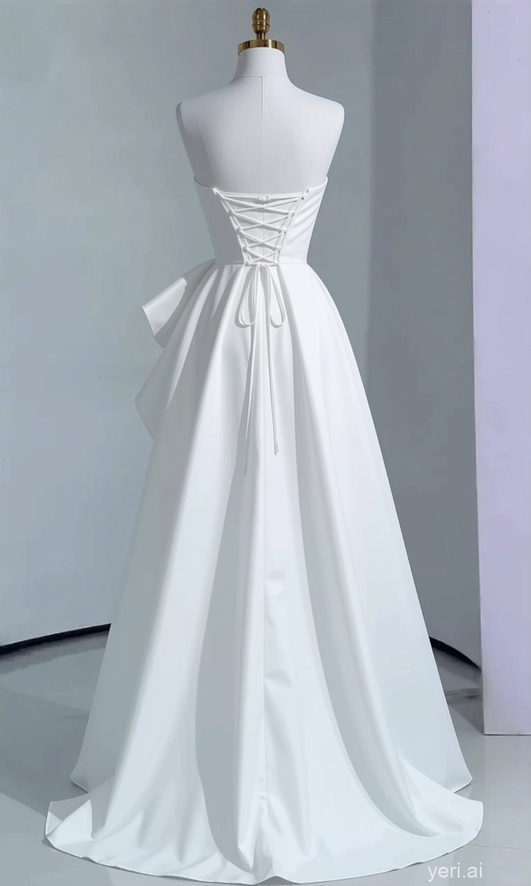 Elegant A-Line Strapless Corset Floral Applique Satin White Long Evening Dress