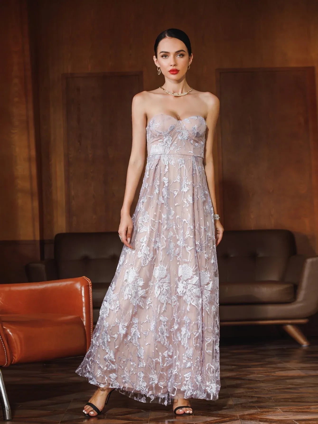 Elegant A-Line Strapless Floral Lace Lavender Tea-Length Prom Dress With Slit