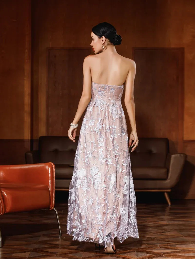Elegant A-Line Strapless Floral Lace Lavender Tea-Length Prom Dress With Slit