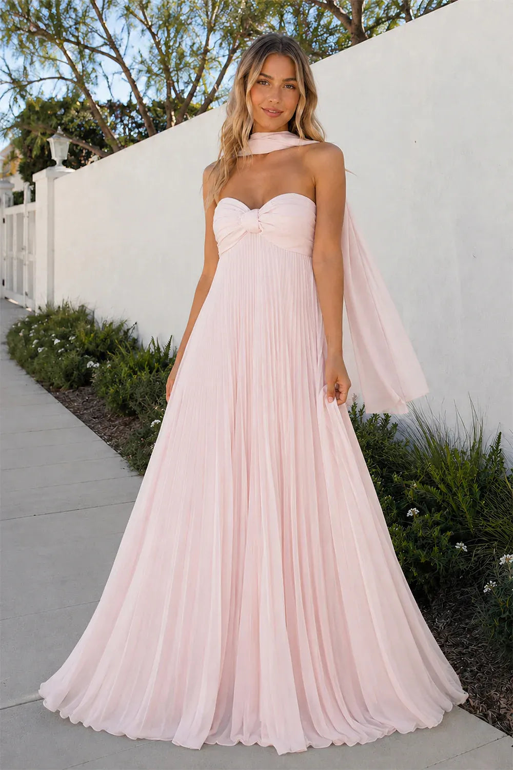 Elegant A-Line Strapless Knotted Pleated Chiffon Blush Floor-Length Prom Dress With Scarf