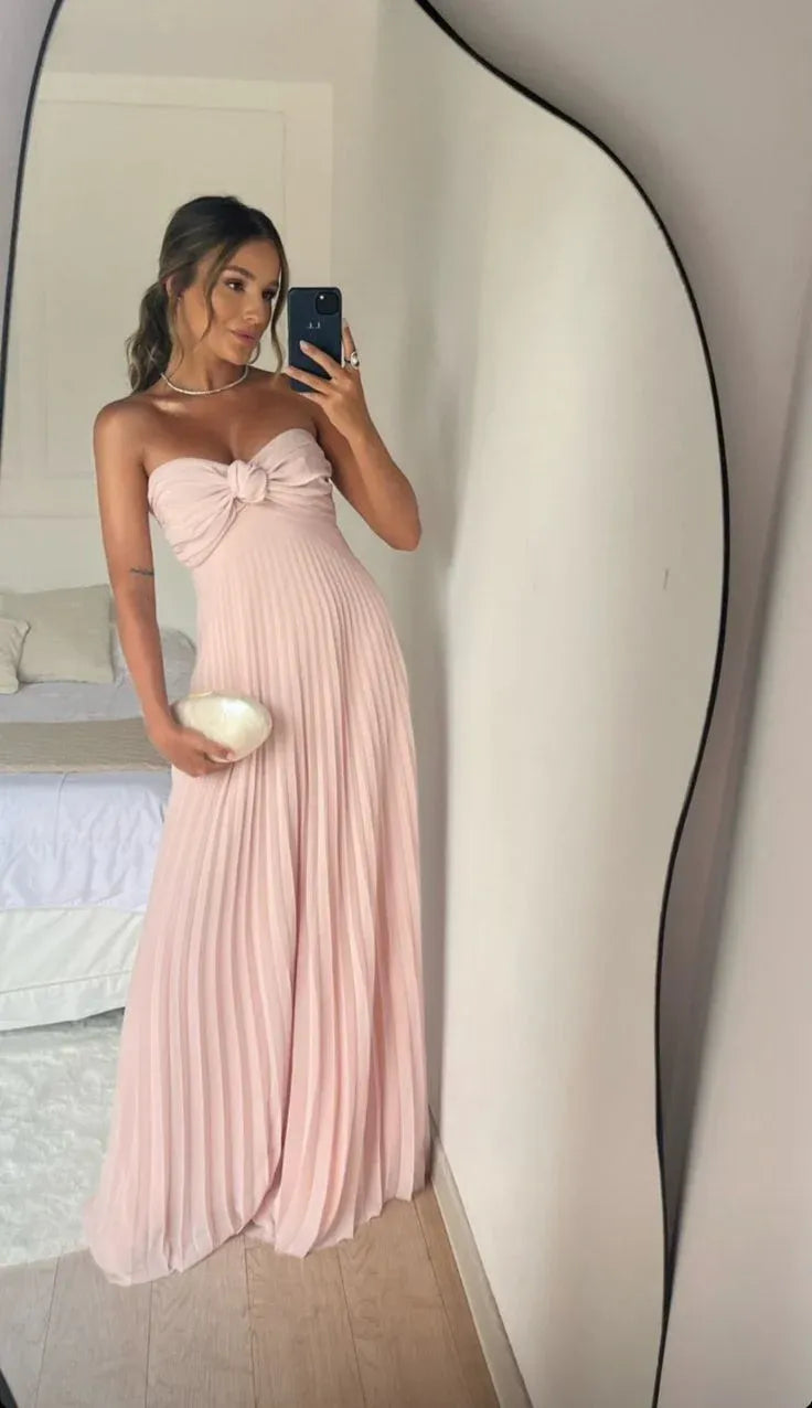 Elegant A-Line Strapless Knotted Pleated Chiffon Blush Floor-Length Prom Dress With Scarf