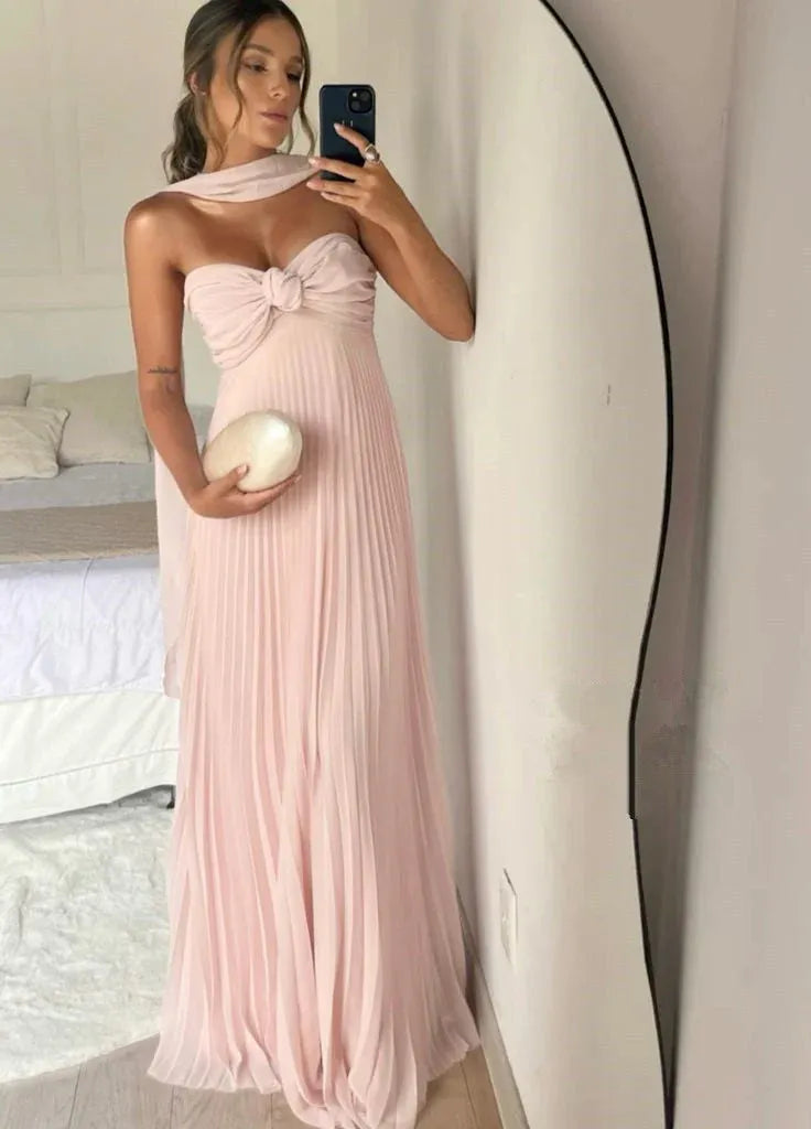 Elegant A-Line Strapless Knotted Pleated Chiffon Blush Floor-Length Prom Dress With Scarf