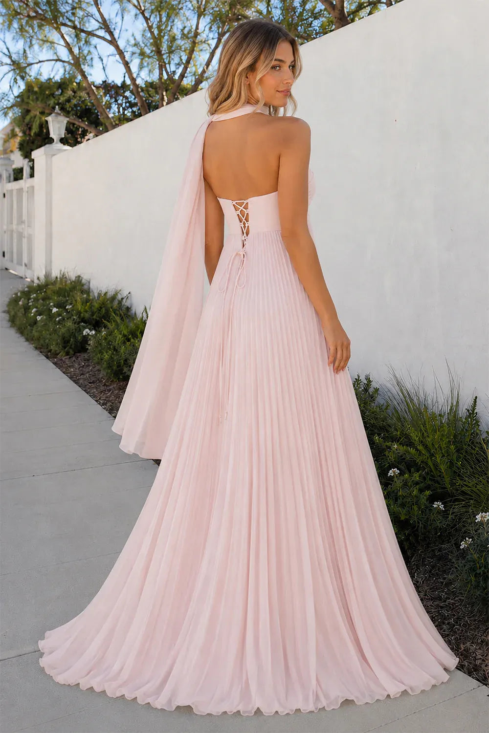 Elegant A-Line Strapless Knotted Pleated Chiffon Blush Floor-Length Prom Dress With Scarf