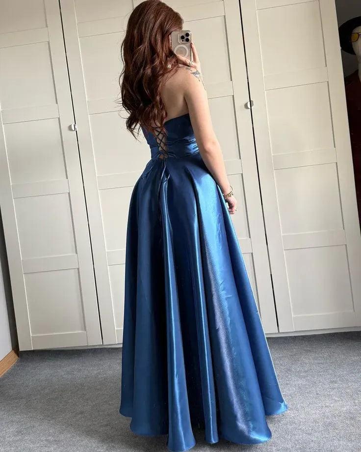 Elegant A-Line Strapless Lace-Up Back Satin Blue Long Prom Dress