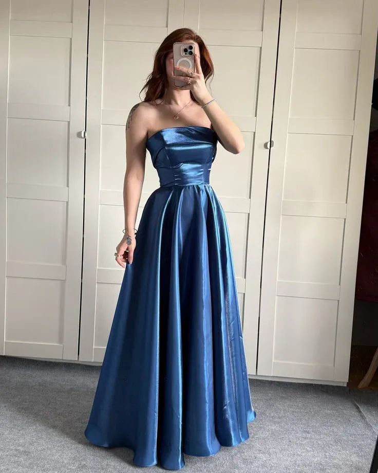 Elegant A-Line Strapless Lace-Up Back Satin Blue Long Prom Dress