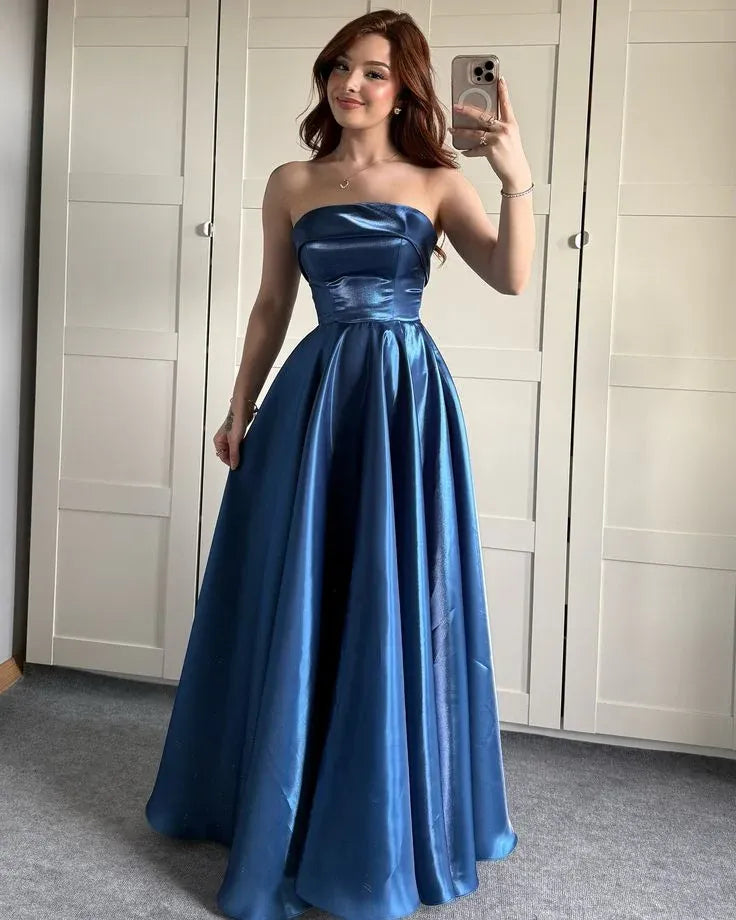 Elegant A-Line Strapless Lace-Up Back Satin Blue Long Prom Dress