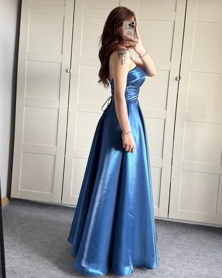 Elegant A-Line Strapless Lace-Up Back Satin Blue Long Prom Dress
