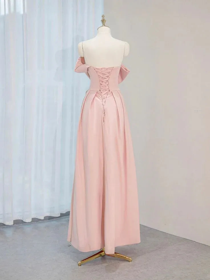 Elegant A-Line Strapless Oversized Bow Satin Pink Floor-Length Prom Dress