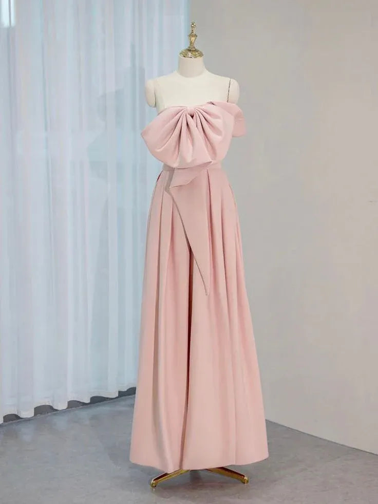 Elegant A-Line Strapless Oversized Bow Satin Pink Floor-Length Prom Dress