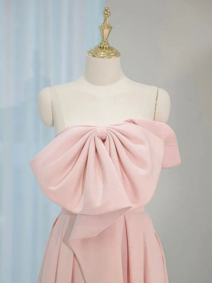 Elegant A-Line Strapless Oversized Bow Satin Pink Floor-Length Prom Dress