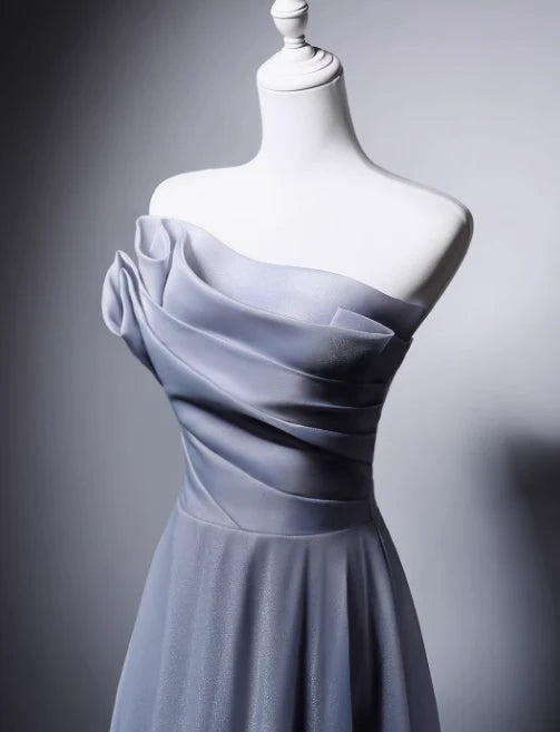 Elegant A-Line Strapless Pleated Gray Blue Long Evening Dress Graduation Dress
