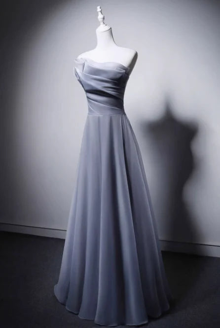 Elegant A-Line Strapless Pleated Gray Blue Long Evening Dress Graduation Dress