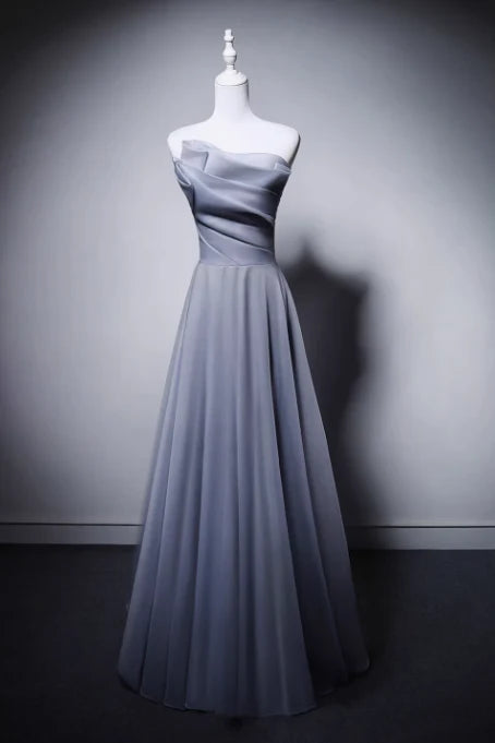 Elegant A-Line Strapless Pleated Gray Blue Long Evening Dress Graduation Dress