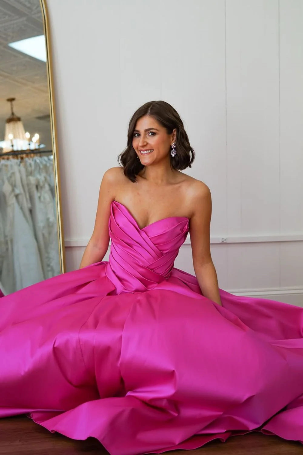 Elegant A-Line Strapless Pleated Satin Pink Floor Length Prom Dress