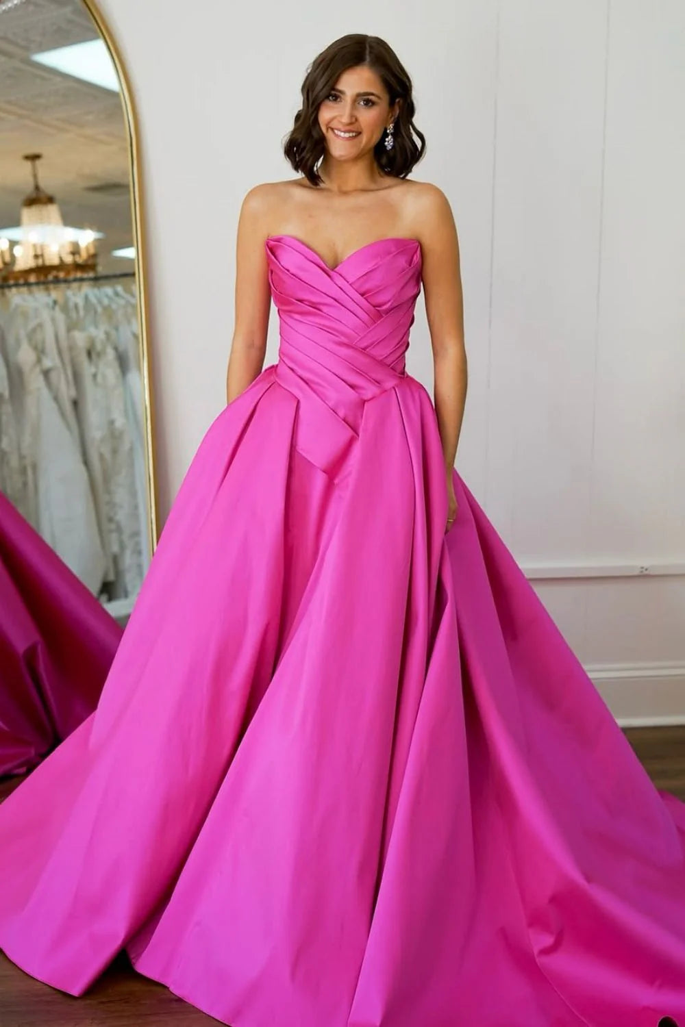 Elegant A-Line Strapless Pleated Satin Pink Floor Length Prom Dress