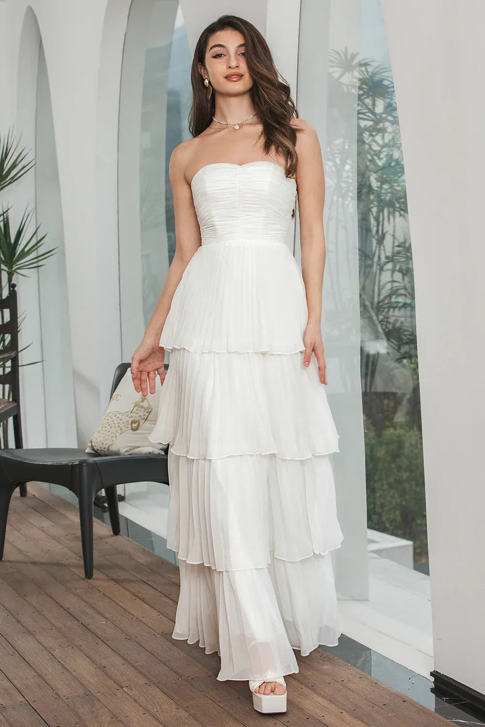 Elegant A-Line Strapless Pleated Tiered Ruffle Chiffon White Maxi Prom Dress