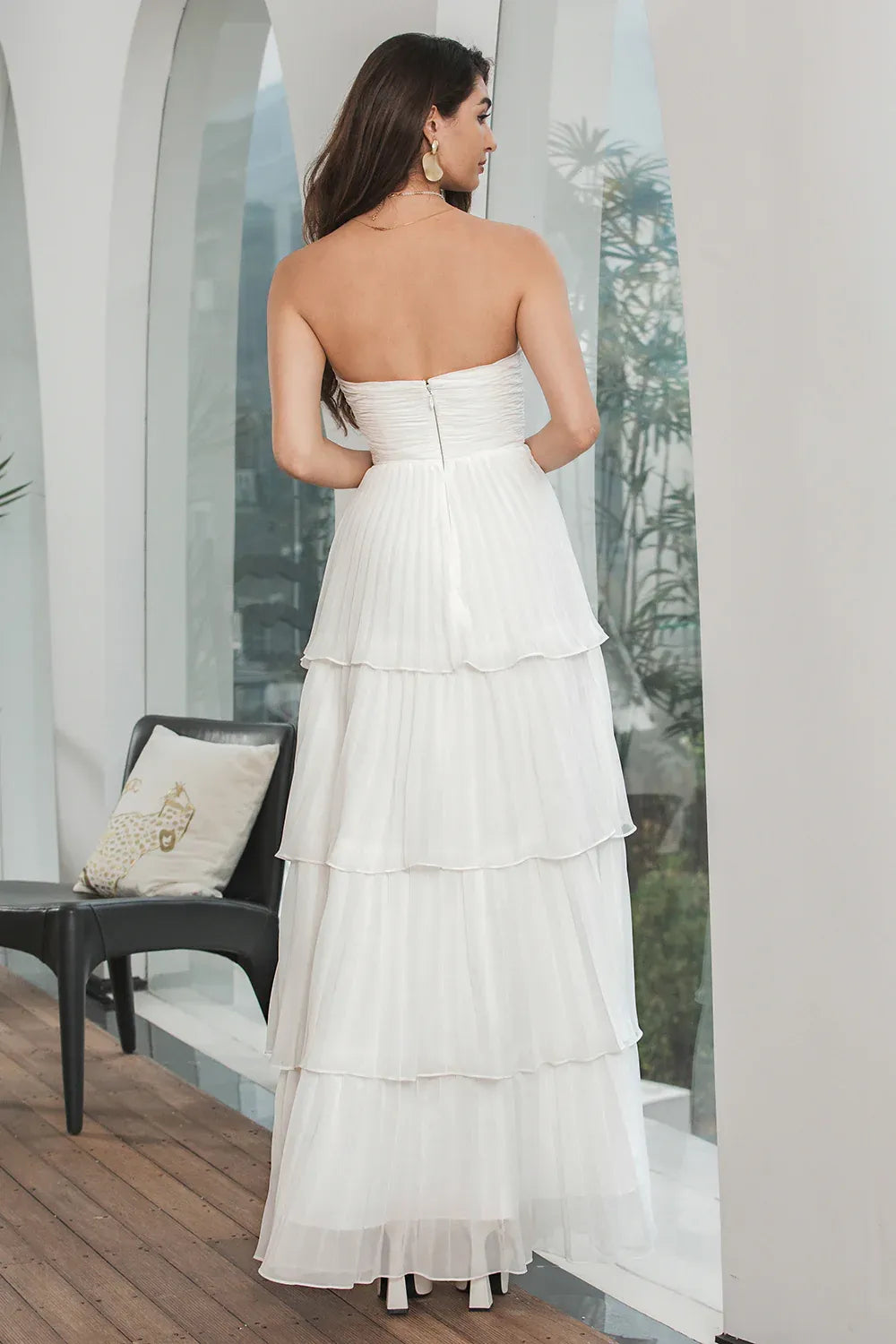 Elegant A-Line Strapless Pleated Tiered Ruffle Chiffon White Maxi Prom Dress
