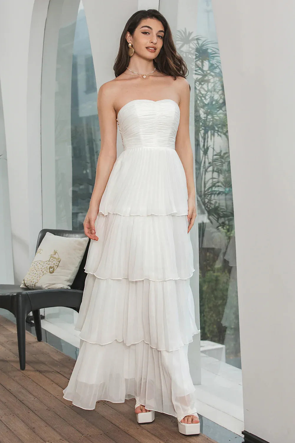 Elegant A-Line Strapless Pleated Tiered Ruffle Chiffon White Maxi Prom Dress