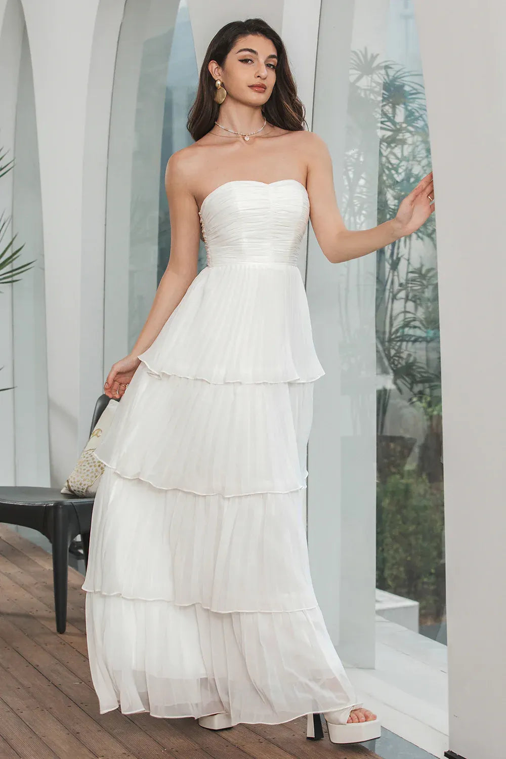 Elegant A-Line Strapless Pleated Tiered Ruffle Chiffon White Maxi Prom Dress