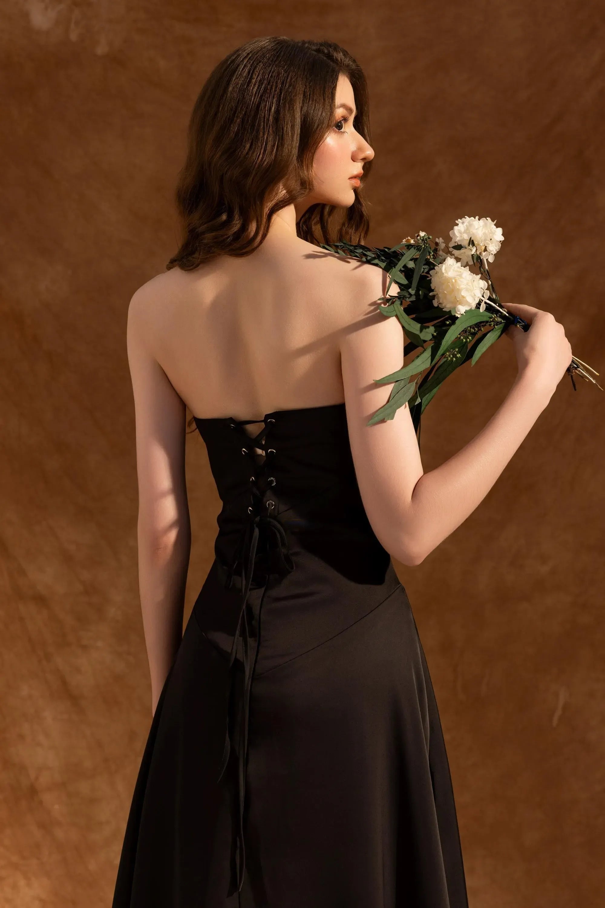 Elegant A-Line Strapless Ruched Draped Satin Black Prom Dress For Women