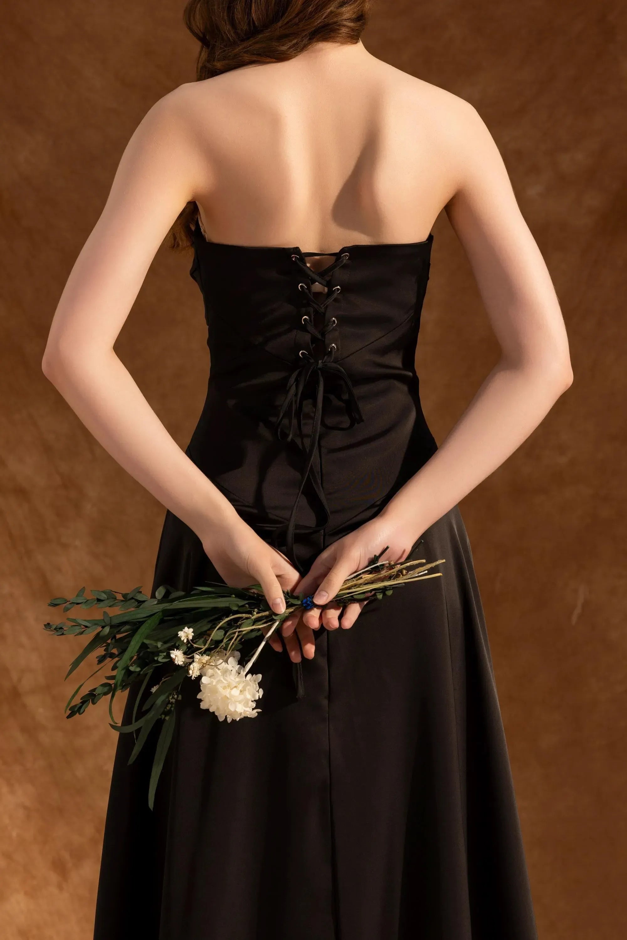 Elegant A-Line Strapless Ruched Draped Satin Black Prom Dress For Women