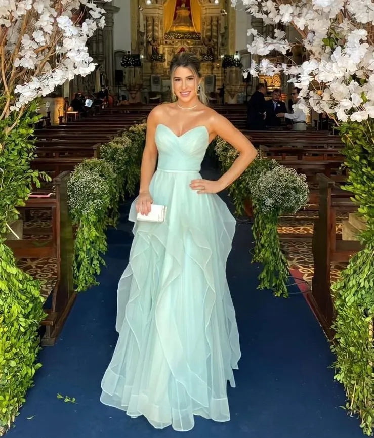 Elegant A-Line Strapless Ruched Ruffled Tulle Mint Prom Dress For Ladies