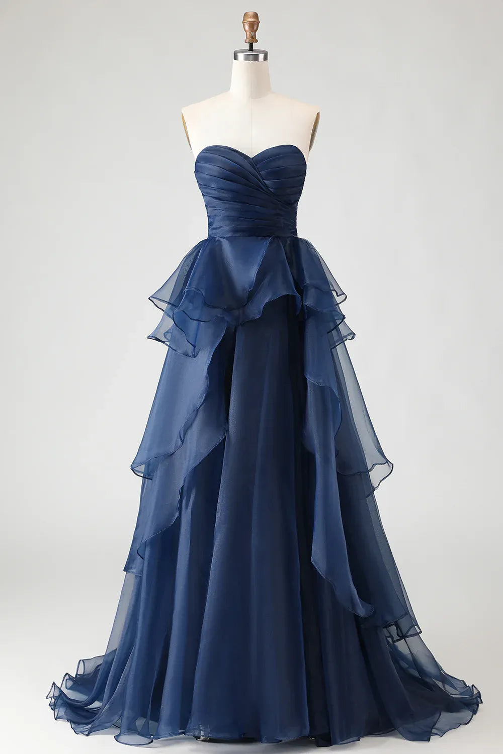 Elegant A-Line Strapless Ruched Tiered Ruffle Navy Maxi Prom Dress