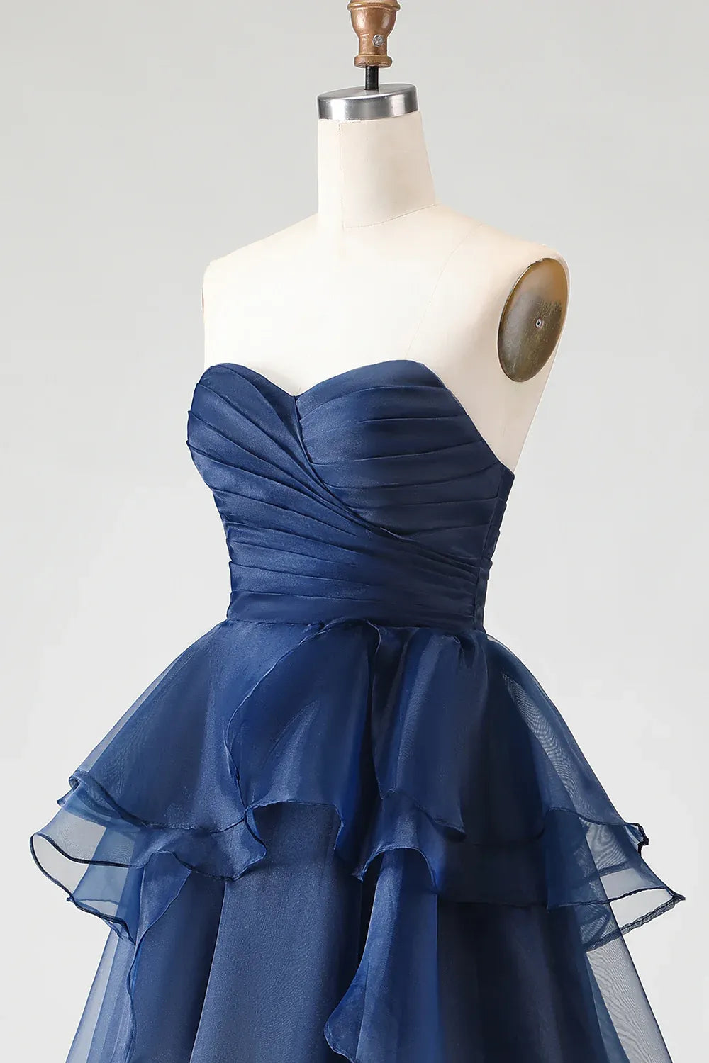 Elegant A-Line Strapless Ruched Tiered Ruffle Navy Maxi Prom Dress