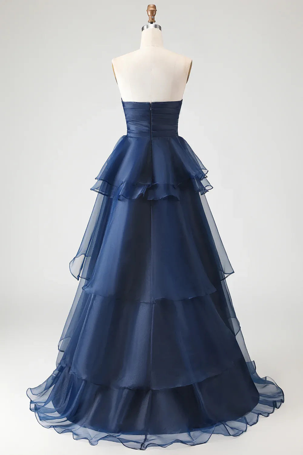 Elegant A-Line Strapless Ruched Tiered Ruffle Navy Maxi Prom Dress