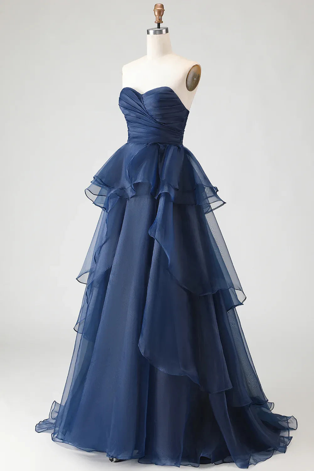 Elegant A-Line Strapless Ruched Tiered Ruffle Navy Maxi Prom Dress