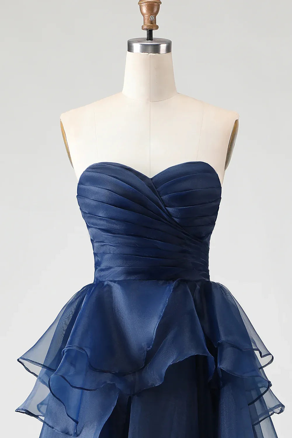 Elegant A-Line Strapless Ruched Tiered Ruffle Navy Maxi Prom Dress
