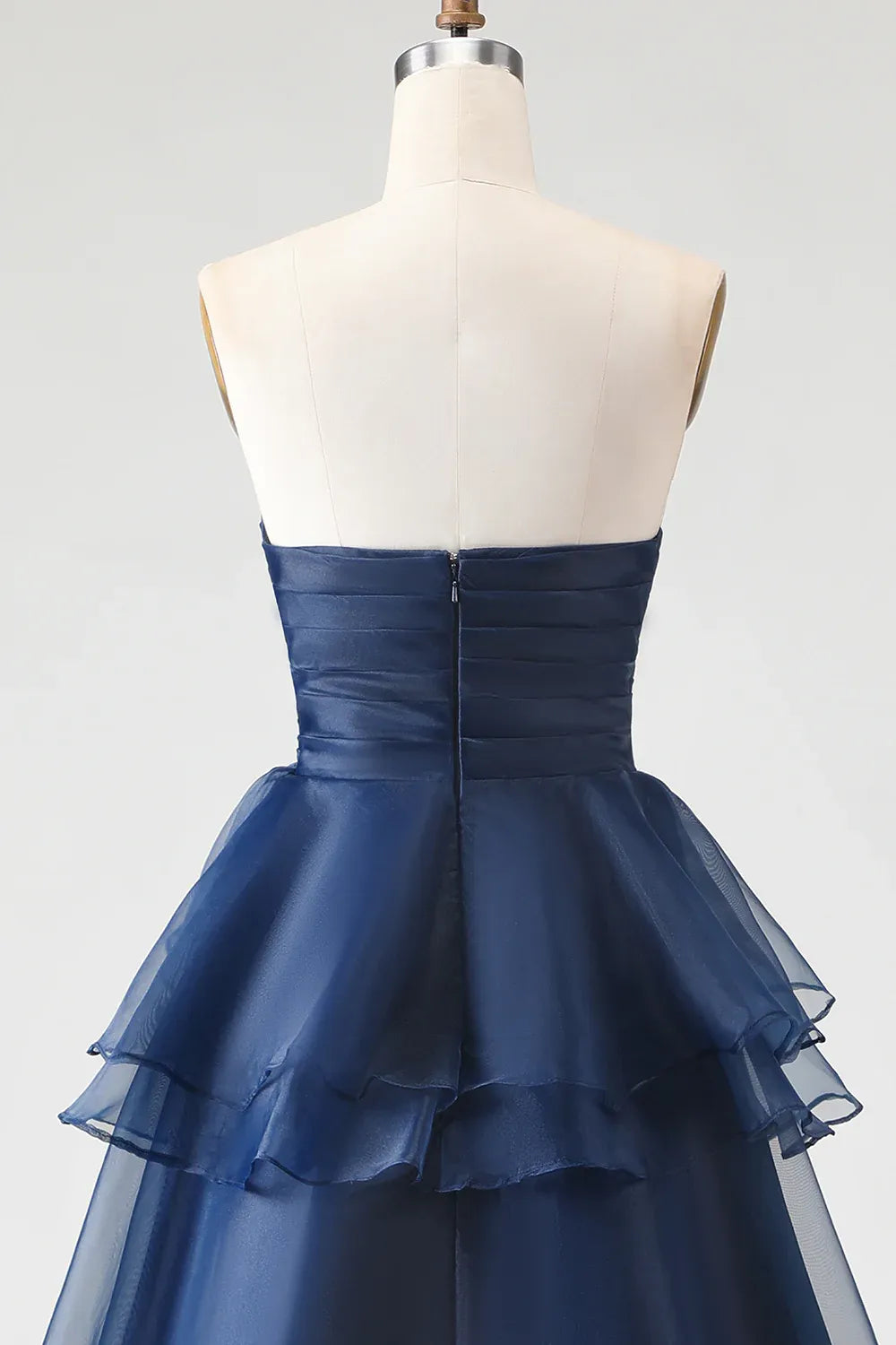 Elegant A-Line Strapless Ruched Tiered Ruffle Navy Maxi Prom Dress
