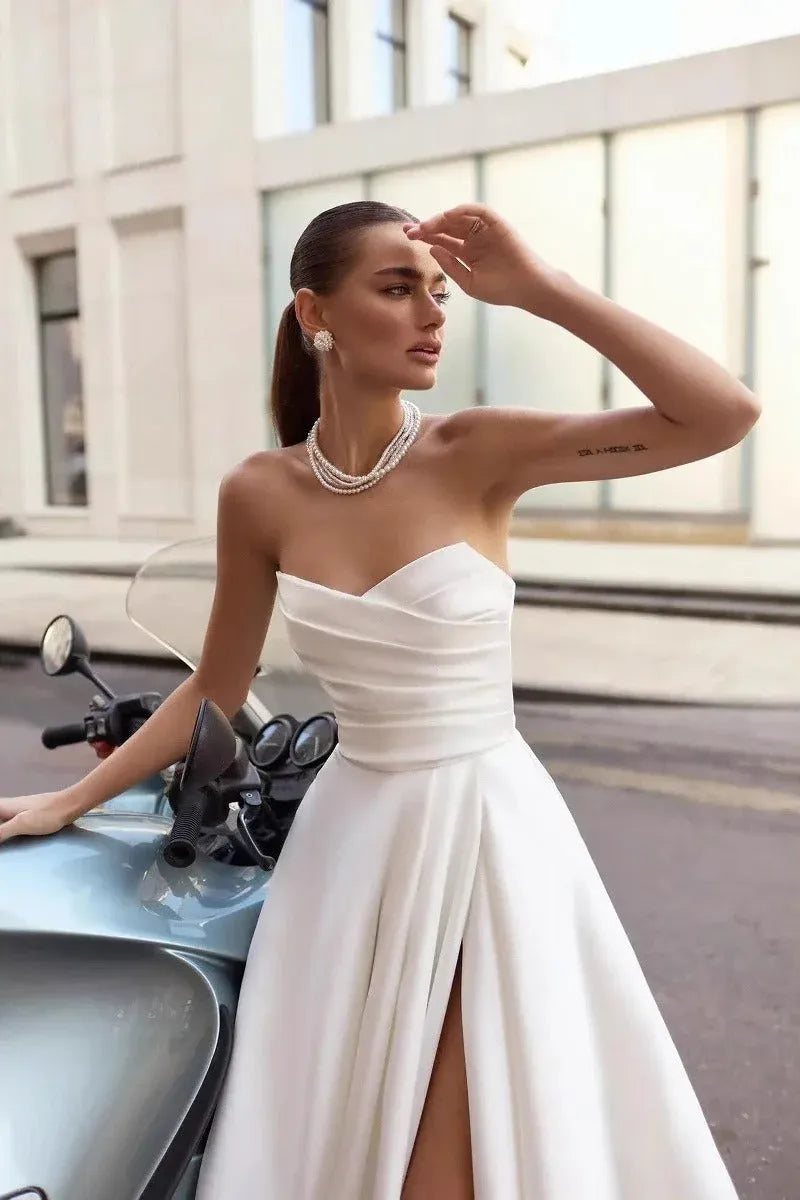 Elegant A-Line Strapless Ruched White Floor-Length Prom Dress With High Slit