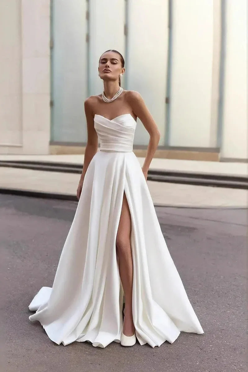 Elegant A-Line Strapless Ruched White Floor-Length Prom Dress With High Slit