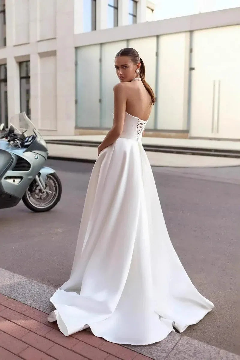 Elegant A-Line Strapless Ruched White Floor-Length Prom Dress With High Slit