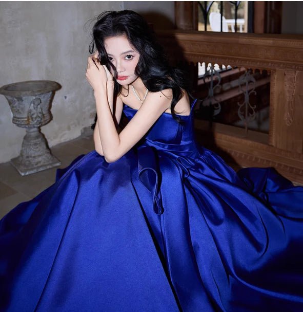 Elegant A-Line Strapless Satin Royal Blue Formal Evening With Bow