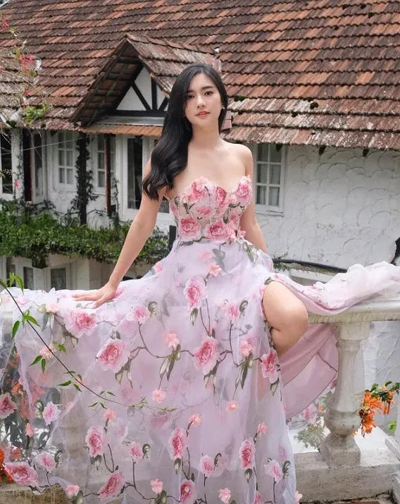 Elegant A-Line Strapless Sleeveless Chiffon Floor-Length Prom Dress