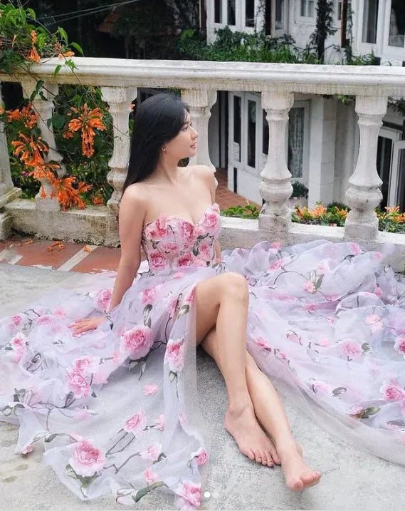 Elegant A-Line Strapless Sleeveless Chiffon Floor-Length Prom Dress