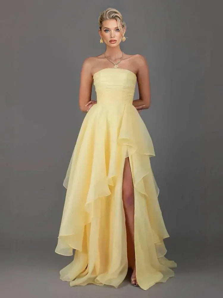 Elegant A-Line Strapless Sleeveless Tulle Slit Floor-Length Prom Dress