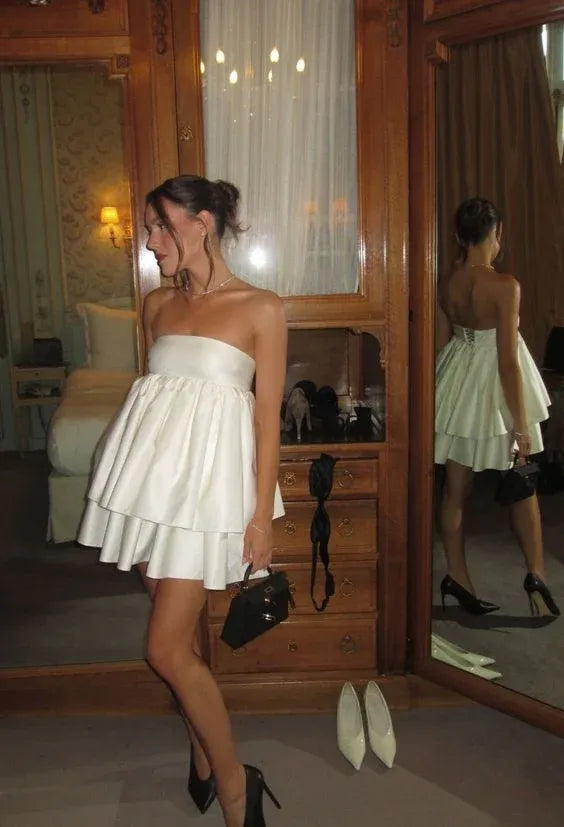 Elegant A-Line Strapless Tiered Ruffle Lace Up Satin White Short Homecoming Dress